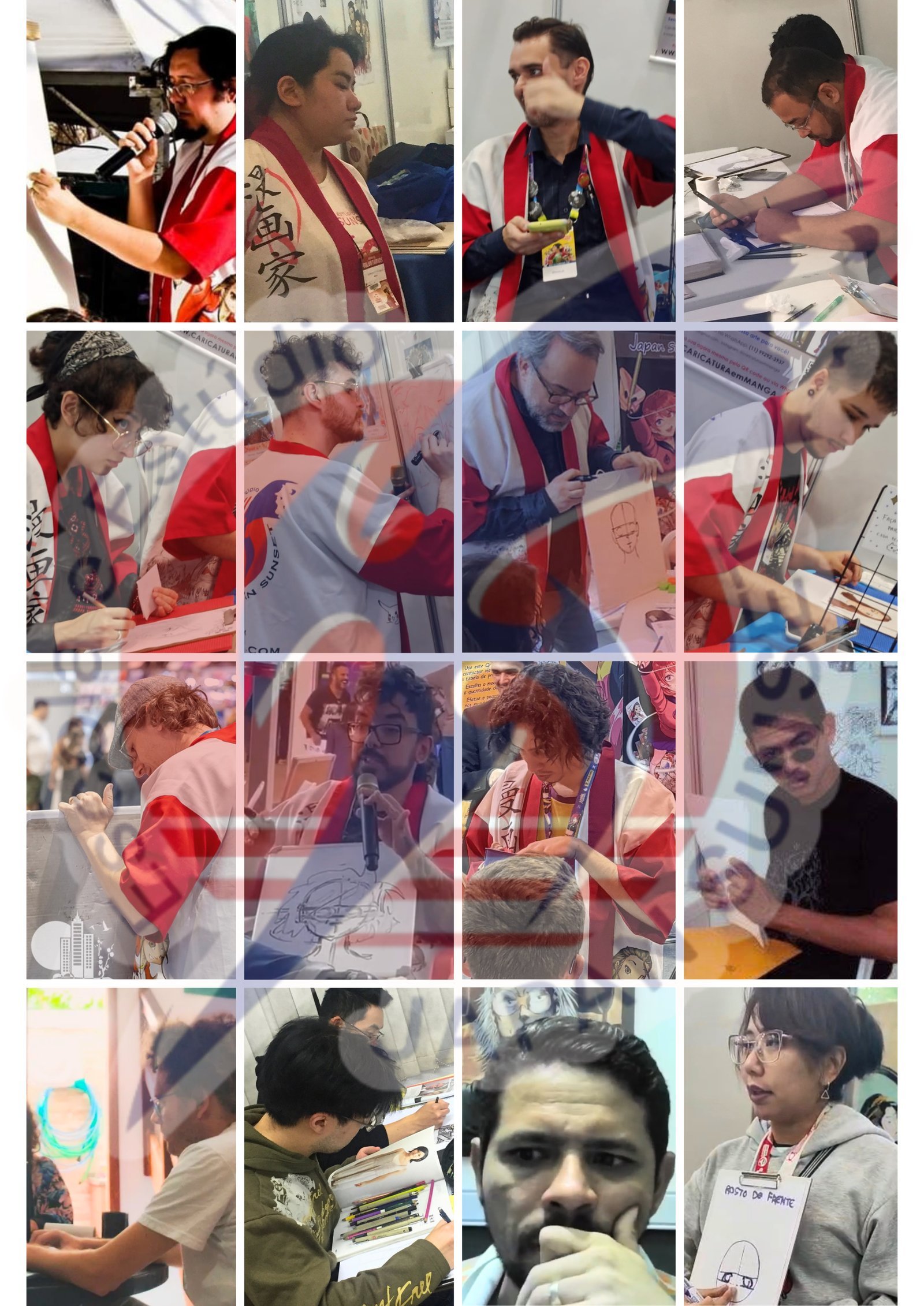 Equipe de senseis da Japan Sunset desenhando caricaturas em mangá em eventos