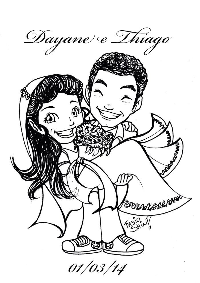 Caricatura em mangá preto e branco de casamento — Escola de Mangá Japan Sunset