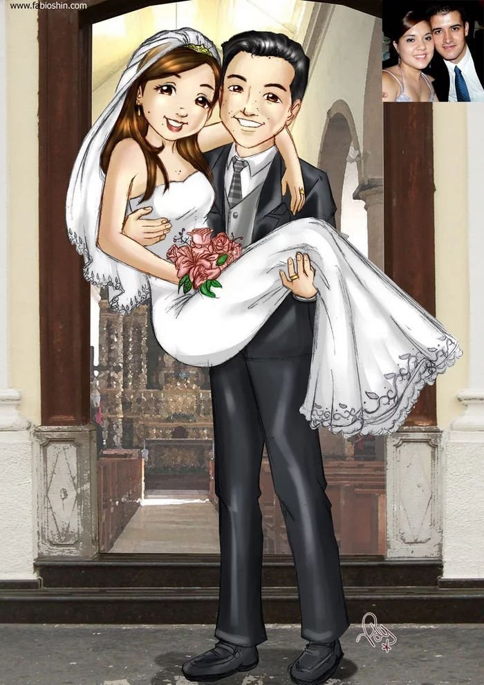 Caricatura em mangá de casamento