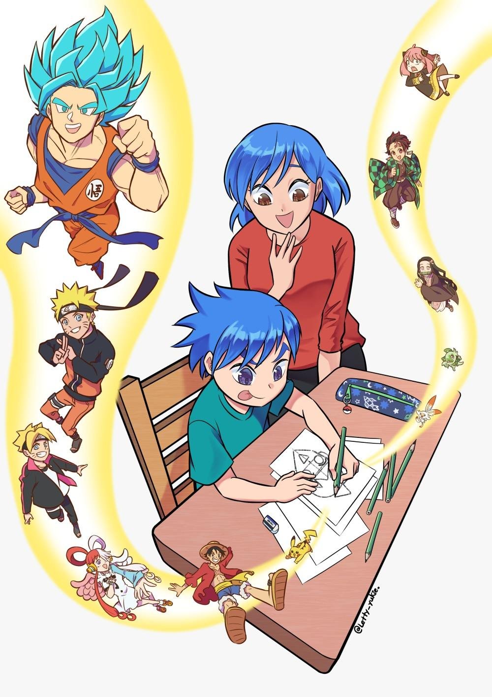 Mãe e filho desenhando mangá juntos